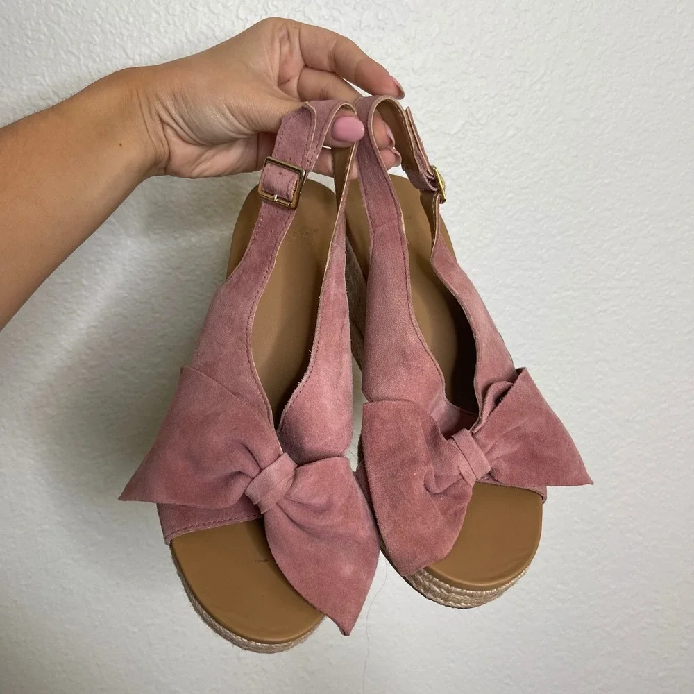 UGG Trina Rose Pink Suede Bow Espadrille Wedge Sandals 7.5